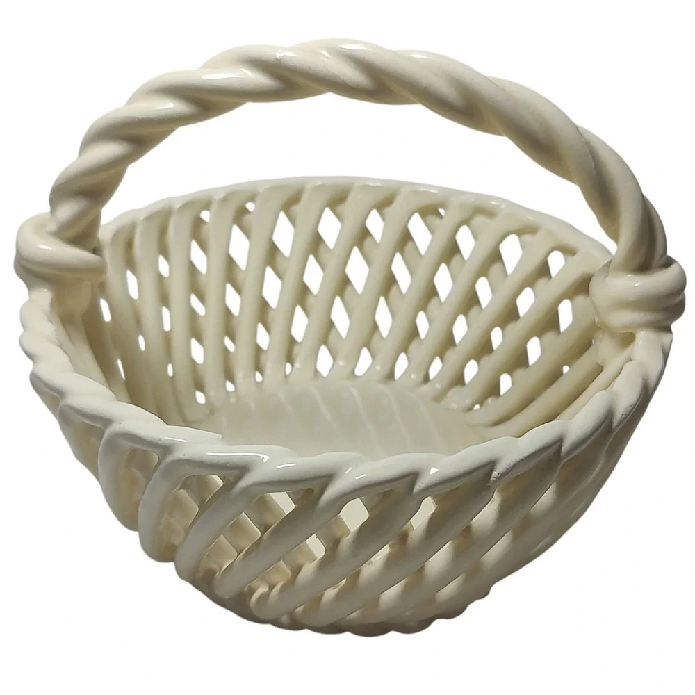 Vintage Woven Glass Basket Weave Twisted Handle Cream Springtime Five Inches SEE